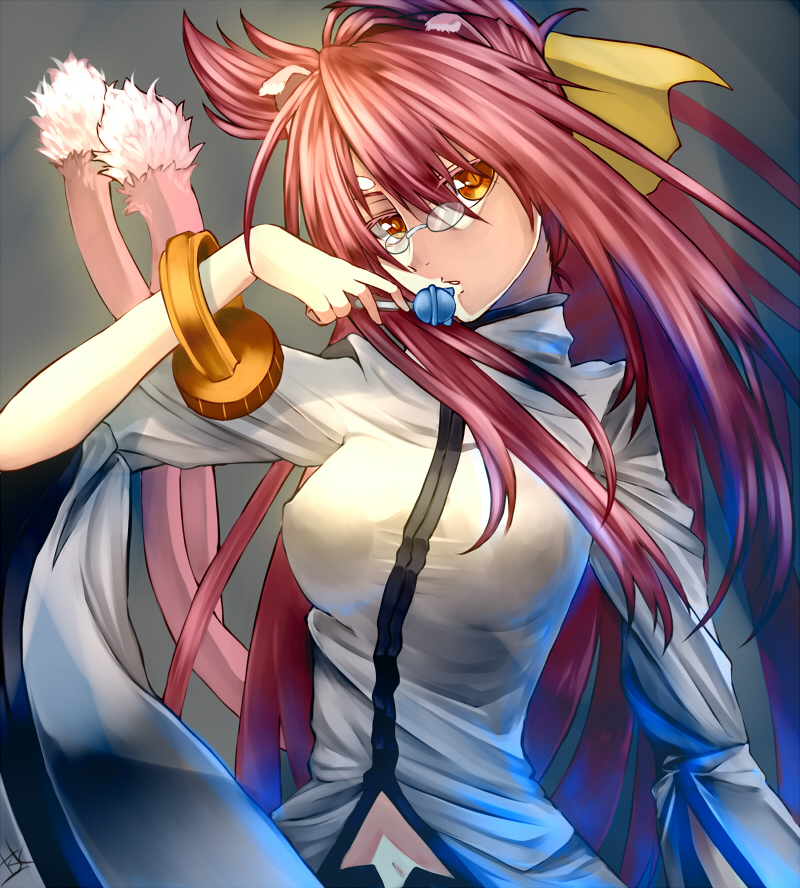 animal_ears blazblue bow bracelet breasts candy cat_ears cat_tail glasses hair_bow jewelry kokonoe large_breasts lollipop long_hair multiple_tails navel pince-nez pink_hair slit_pupils solo tail tasuku_(1v1l) very_long_hair yellow_eyes
