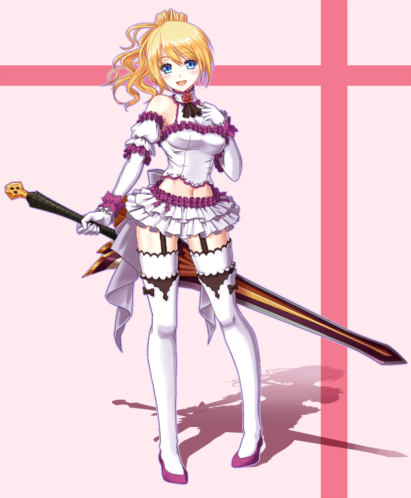 :d artist_request ascot bare_shoulders blonde_hair blue_eyes elbow_gloves fantasy_earth_zero frilled_skirt frills garter_straps gloves halter_top halterneck hand_on_own_chest long_hair midriff miniskirt navel open_mouth ponytail skirt smile solo sword thigh-highs thighhighs weapon white_legwear