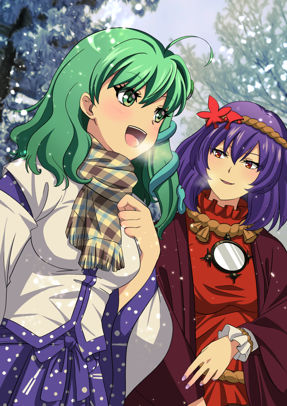 2girls autumn_leaves bangs blue_scarf blush bow breasts brown_hairband brown_jacket brown_scarf detached_sleeves eyebrows_visible_through_hair eyes_visible_through_hair frog_hair_ornament green_eyes green_hair hair_between_eyes hair_ornament hair_tubes hairband hand_up highres jacket kochiya_sanae leaf leaf_hair_ornament long_sleeves looking_at_another medium_breasts multiple_girls murasaki_tsutsuji open_clothes open_jacket open_mouth plaid plaid_scarf purple_bow purple_hair purple_nails purple_skirt purple_sky red_eyes red_shirt scarf shirt short_hair skirt sky smile snake_hair_ornament snow snowing standing teeth tongue touhou tree white_shirt wide_sleeves winter yasaka_kanako yellow_scarf