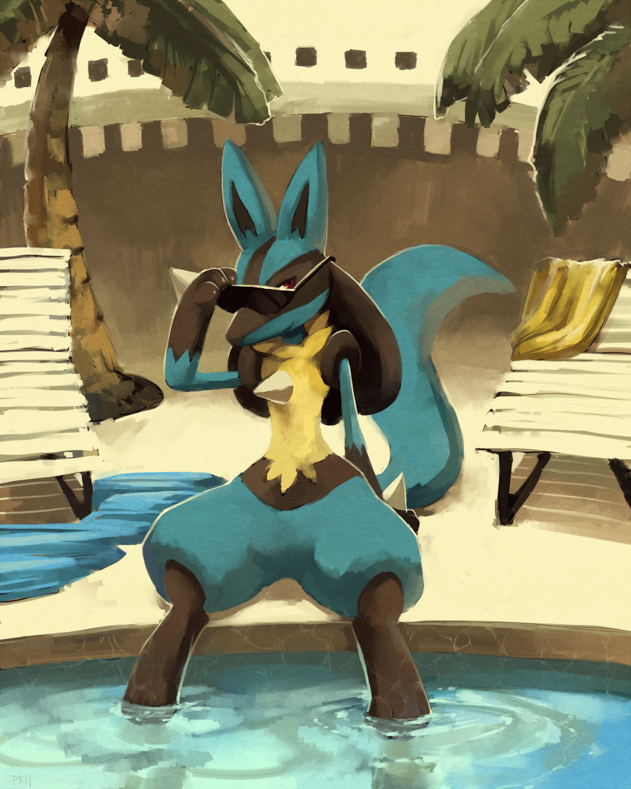 1other bench chair creatures_(company) feet_in_water full_body game_freak gen_4_pokemon holding holding_sunglasses lucario nintendo no_humans palm_tree pokemon pokemon_(creature) pokemon_dppt pool purplekecleon red_eyes sitting soaking_feet solo sunglasses tail tree water