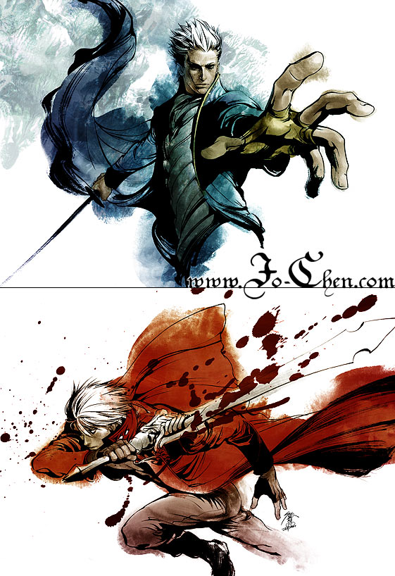 2boys blue_eyes brothers dante devil_may_cry devil_may_cry_3 jacket jo_chen katana multiple_boys rebellion_(sword) red_jacket short_hair siblings silver_hair sword vergil watermark weapon web_address white_hair yamato_(sword)