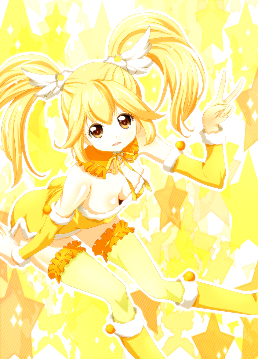 alternate_costume alternate_hairstyle blonde_hair boots breasts cleavage cure_peace detached_collar detached_sleeves kise_yayoi long_hair magical_girl precure seleb629 skirt smile_precure! solo star starry_background thigh-highs thighhighs twintails v yellow yellow_background yellow_eyes yellow_legwear yuiyuimoe