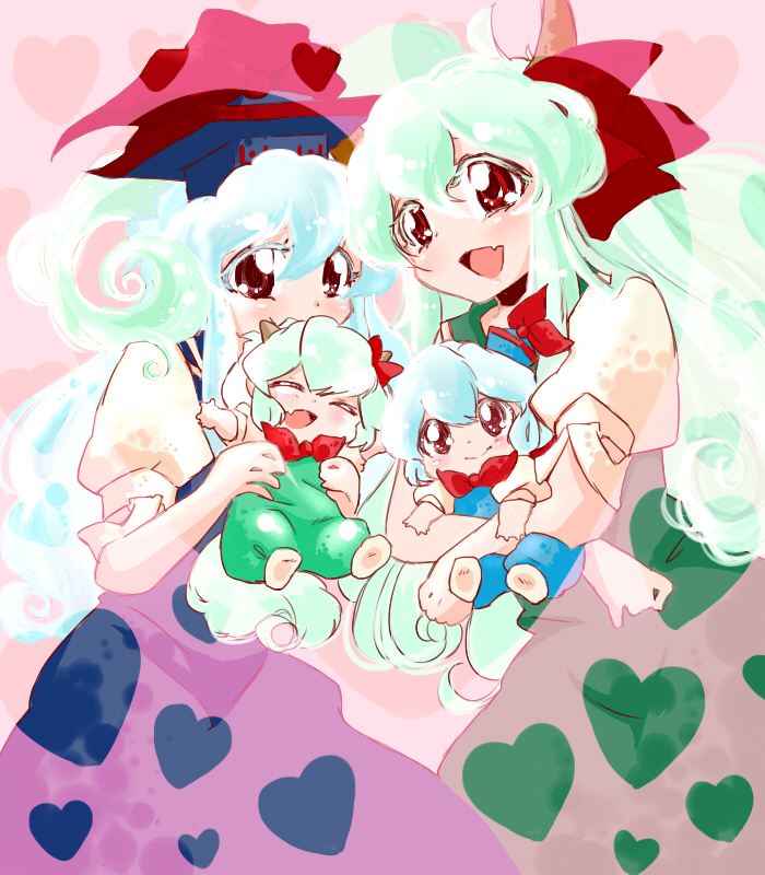 baby blue_hair brown_eyes child closed_eyes ex-keine eyes_closed fang green_hair hat heart kamishirasawa_keine komaku_juushoku multiple_girls multiple_persona open_mouth smile touhou young