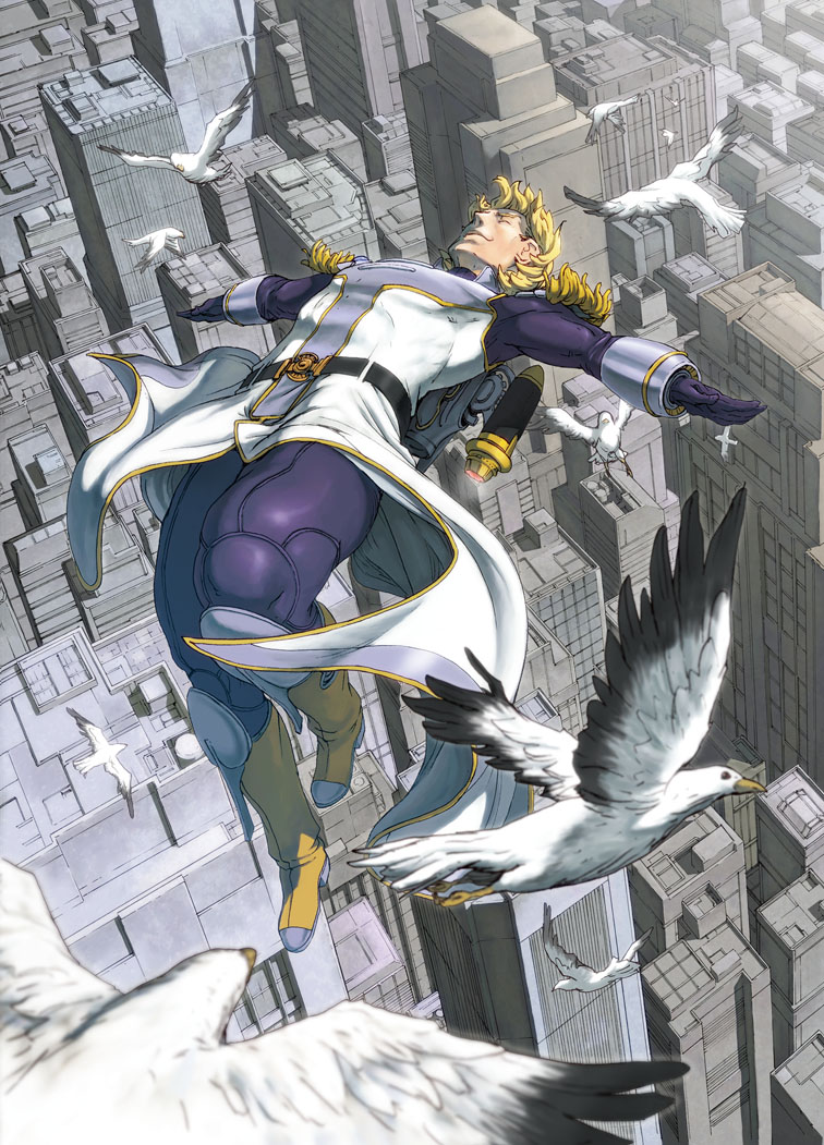 bird blonde_hair boots cityscape closed_eyes epaulettes eyes_closed flying jetpack male oono_tsutomu power_suit short_hair sky_high solo superhero tiger_&amp;_bunny