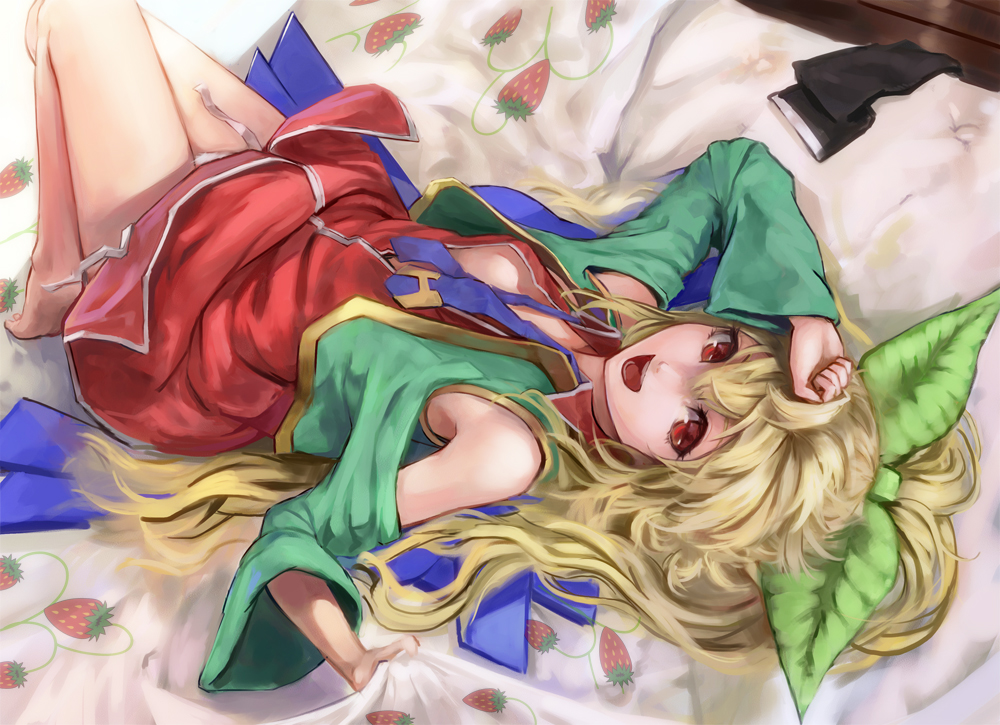 bare_legs bare_shoulders barefoot blonde_hair bow dress eyelashes hair_bow jacket leaf long_hair looking_at_viewer lying necktie nijie nijie-tan on_back on_bed open_mouth original panties pantyshot perii ponytail red_eyes smile solo strawberry_print underwear untied