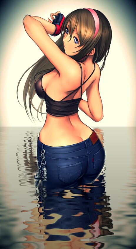 1girl ass blue_eyes brown_hair butt_crack character_request dead_or_alive fingerless_gloves gloves hairband hitomi jeans ryu_(artist) shorts tank_top water