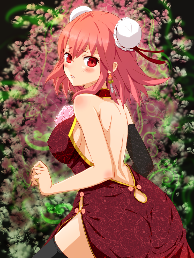 alternate_costume bare_back black_gloves black_legwear blush breasts bug_(artist) bun_cover china_dress chinese_clothes double_bun earrings flower gloves ibaraki_kasen jewelry looking_back open_mouth pink_eyes pink_hair pink_rose rose short_hair sideboob single_elbow_glove single_glove solo thigh-highs thighhighs touhou
