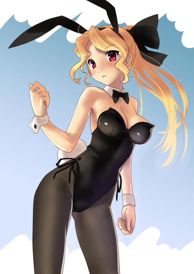 animal_ears black_legwear blonde_hair bow bowtie breasts bunny_ears bunny_girl bunny_tail bunnysuit cleavage detached_collar fake_animal_ears female hair_bow katahira_masashi large_breasts leotard long_hair original pantyhose ponytail rabbit_ears red_eyes solo tail wrist_cuffs