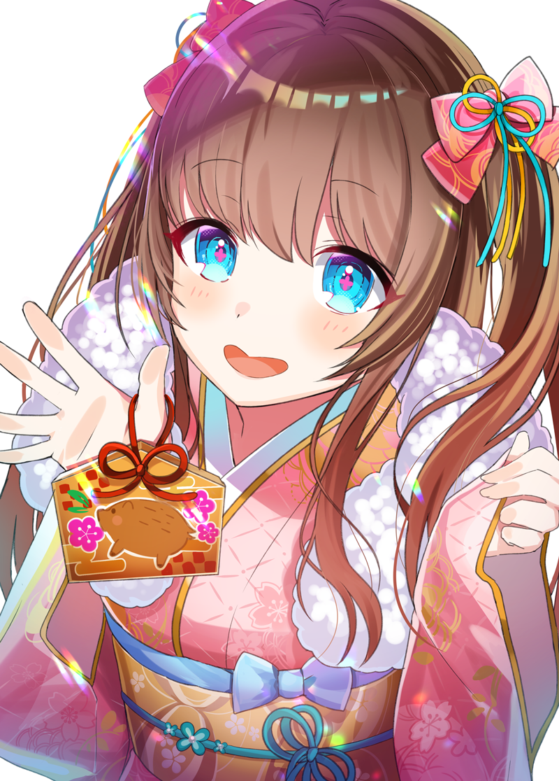 +_+ .live 1girl bangs blue_eyes blush boar bow brown_hair chinese_zodiac commentary ema floral_print from_above fur_collar hair_between_eyes hair_bow japanese_clothes kakyouin_chieri kimono light long_hair long_sleeves looking_at_viewer motsunuki obi open_mouth pink_bow sash smile solo twintails virtual_youtuber white_background wide_sleeves year_of_the_pig