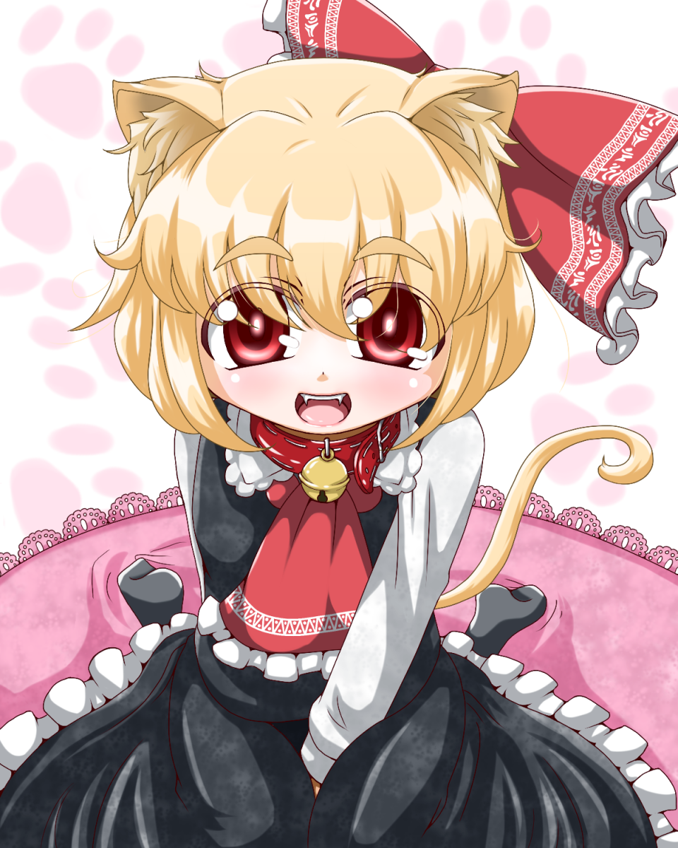 animal_ears ascot bell bell_collar blonde_hair bow cat_ears cat_tail collar fangs hair_bow highres kemonomimi_mode open_mouth red_eyes roco_(katsuya1011) rumia shirt short_hair sitting skirt skirt_set smile solo tail touhou vest youkai
