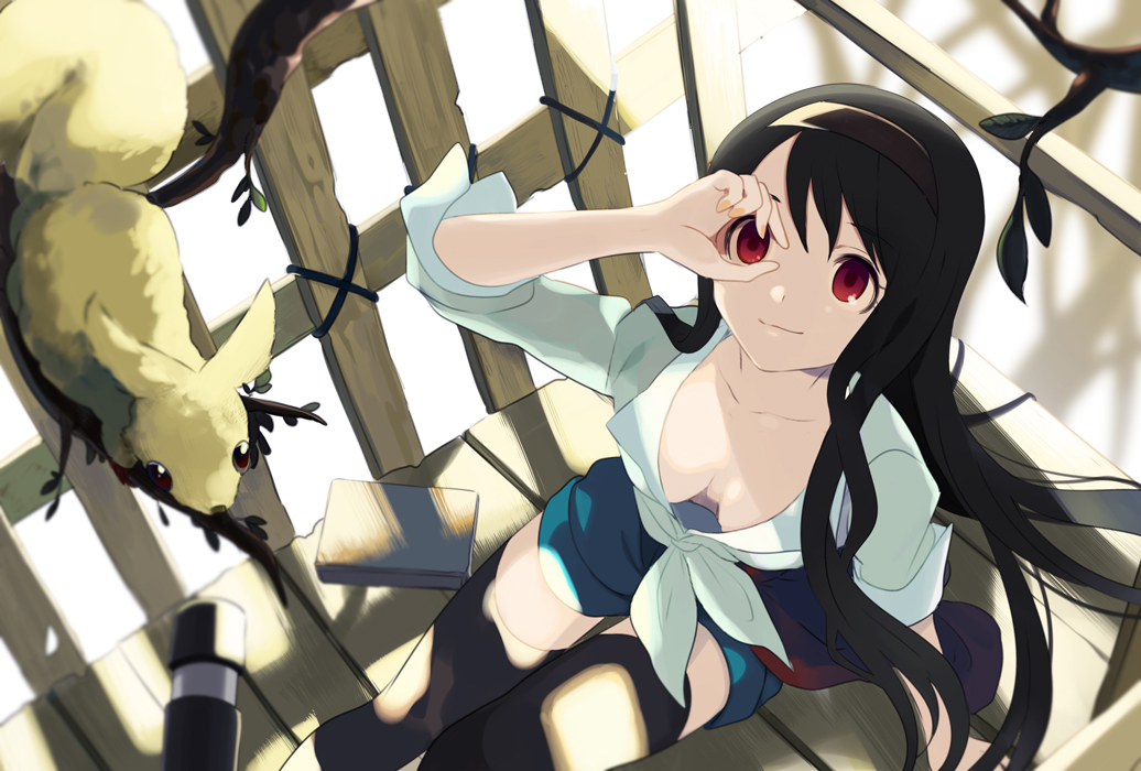 animal bad_id black_hair black_legwear breasts cleavage collarbone down_blouse fence from_above front-tie_top hairband harano long_hair original red_eyes shirt shorts sitting smile solo thigh-highs thighhighs tied_shirt