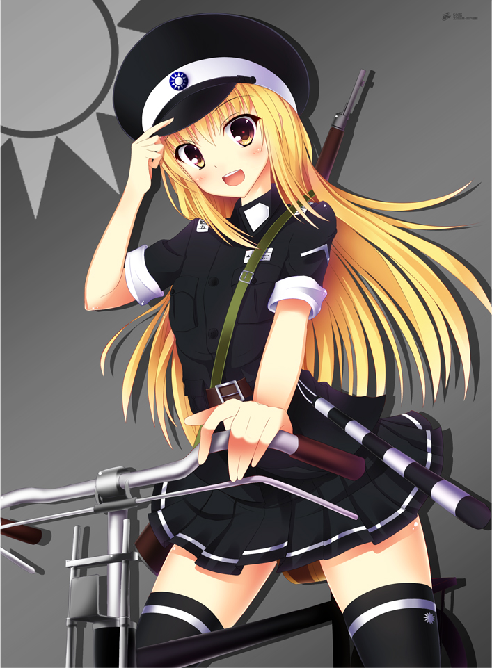 1girl bicycle blonde_hair blush brown_eyes china kukan long_hair police police_uniform skirt smile solo tagme taiwan uniform