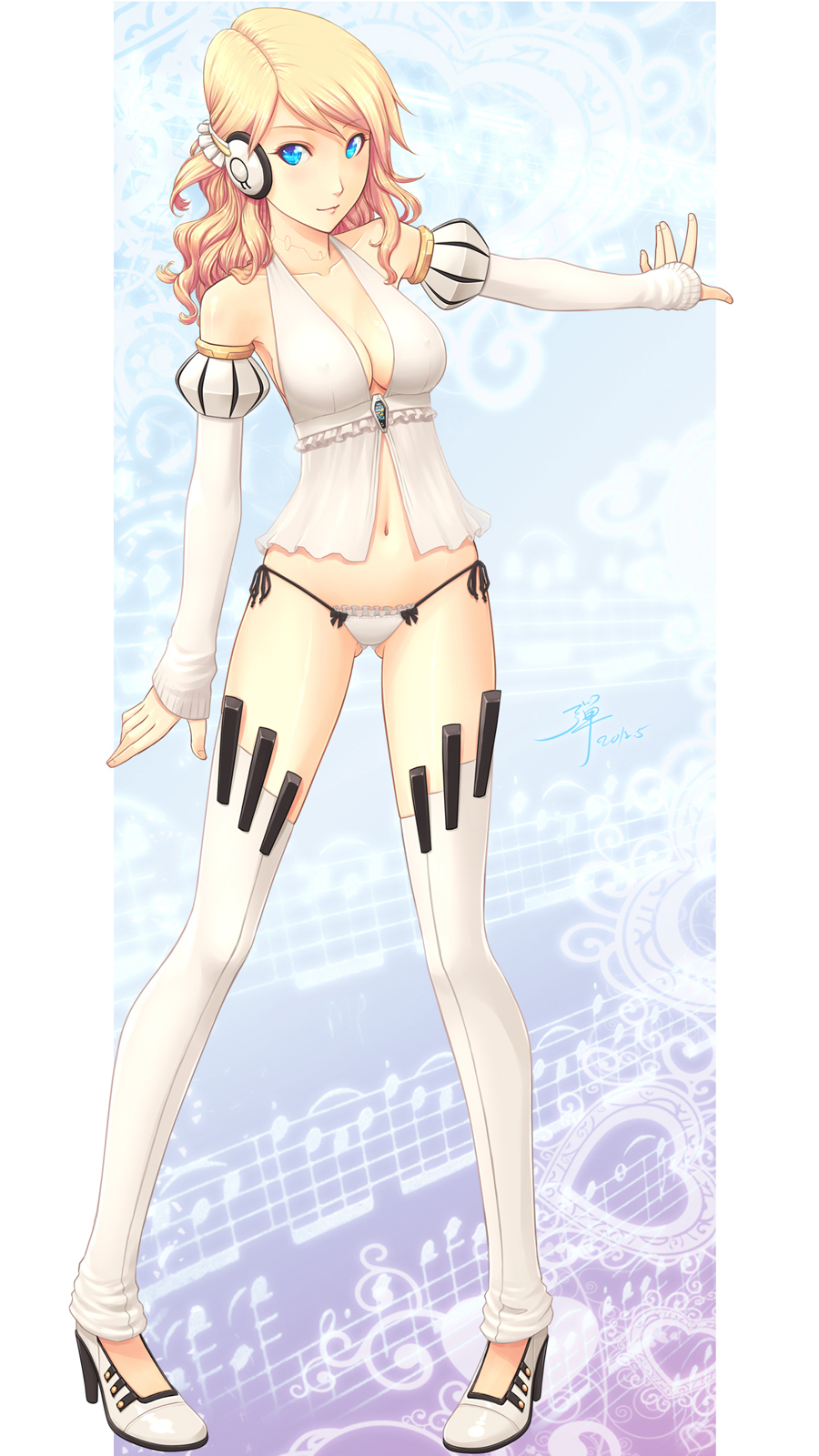 adam700403 android blonde_hair blue_eyes breasts cleavage detached_sleeves headphones high_heels highres lips microphone midriff musical_note navel panties pigeon-toed shiny shiny_skin shoes side-tie_panties solo sweet_ann thigh-highs thighhighs underwear vocaloid