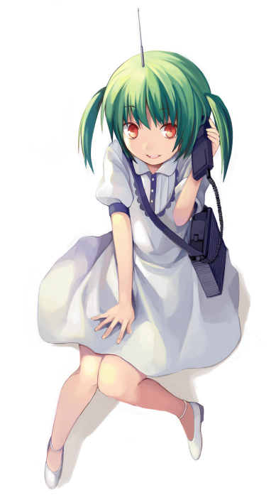 dress field_radio green_hair holding naname_(danbooru_maker) original phone radio_antenna red_eyes smile solo twintails white_background