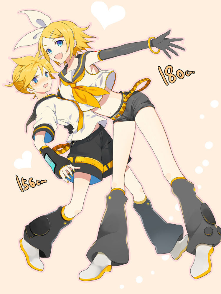 1girl blush bow bracelet brother_and_sister elbow_gloves gloves hair_bow harano jewelry kagamine_len kagamine_rin navel sailor shorts siblings twins vocaloid