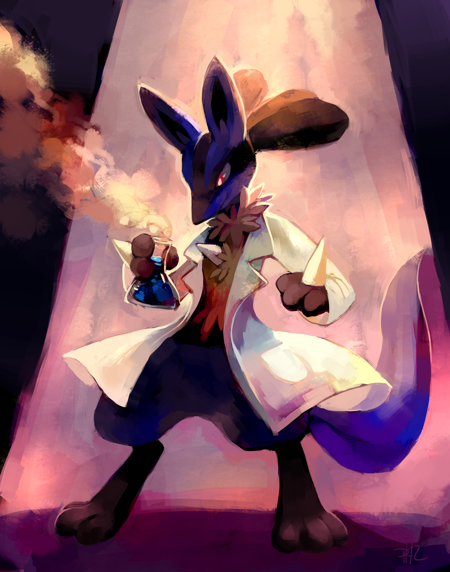 clothed_pokemon creature erlenmeyer_flask evil flask full_body holding labcoat light lucario no_humans pokemon pokemon_(creature) purplekecleon red_eyes scientist signature solo standing steam