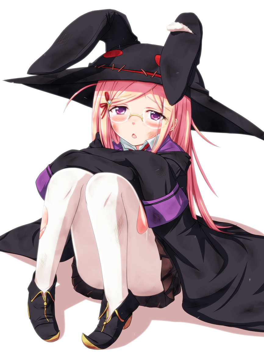 1girl blonde_hair cape glasses hair_ornament hat legs long_hair majolica_le_fay ookami-san open_mouth pantyhose purple_eyes shirosame sitting skirt solo torn_clothes torn_pantyhose violet_eyes white_legwear witch_hat