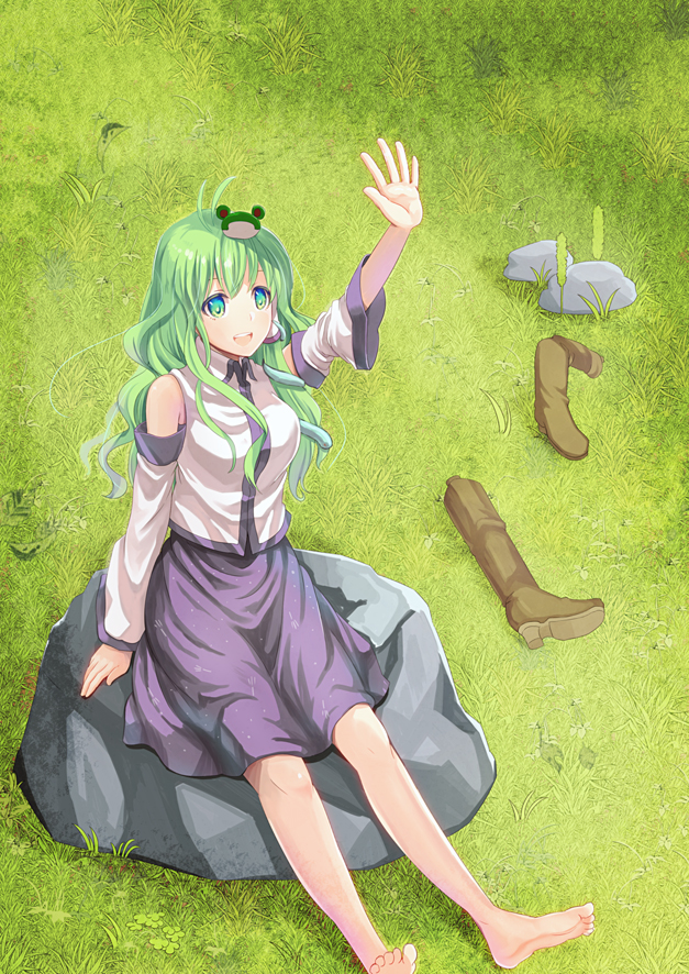 barefoot blush boots breasts detached_sleeves frog_hair_ornament grass green_eyes green_hair hair_ornament hair_tubes kochiya_sanae long_hair meet open_mouth rock shoes_removed sitting skirt smile snake solo touhou