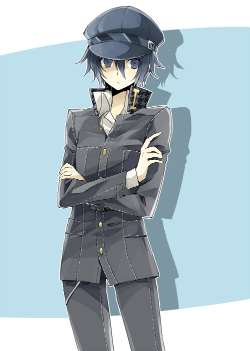 androgynous azusa_(sarie303030) blue_eyes blue_hair cabbie_hat crossdressinging crossed_arms expressionless female folded_arms hair_between_eyes hat jacket persona persona_4 reverse_trap school_uniform shirogane_naoto short_hair solo standing tomboy wavy_hair