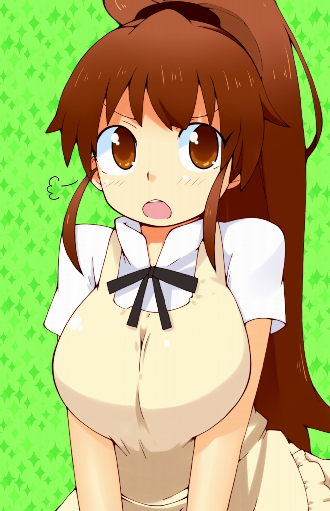 apron blush breast_squeeze breasts brown_eyes brown_hair green_background large_breasts momo_(fruits_box) open_mouth petite ponytail sigh solo taneshima_popura waitress working!!