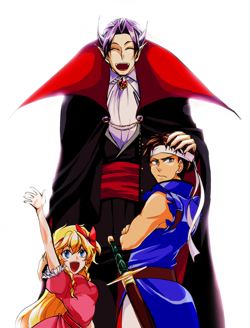 2boys bare_shoulders belt blonde_hair blue_eyes bow breasts brown_hair cape castlevania castlevania:_rondo_of_blood closed_eyes dracula dress eyebrows eyelashes formal hair_bow hair_ribbon jacket k4m long_hair looking_at_viewer maria_renard multiple_boys open_mouth pants purple_hair ribbon richter_belmondo short_hair simple_background size_difference smile suit sword weapon white_background young