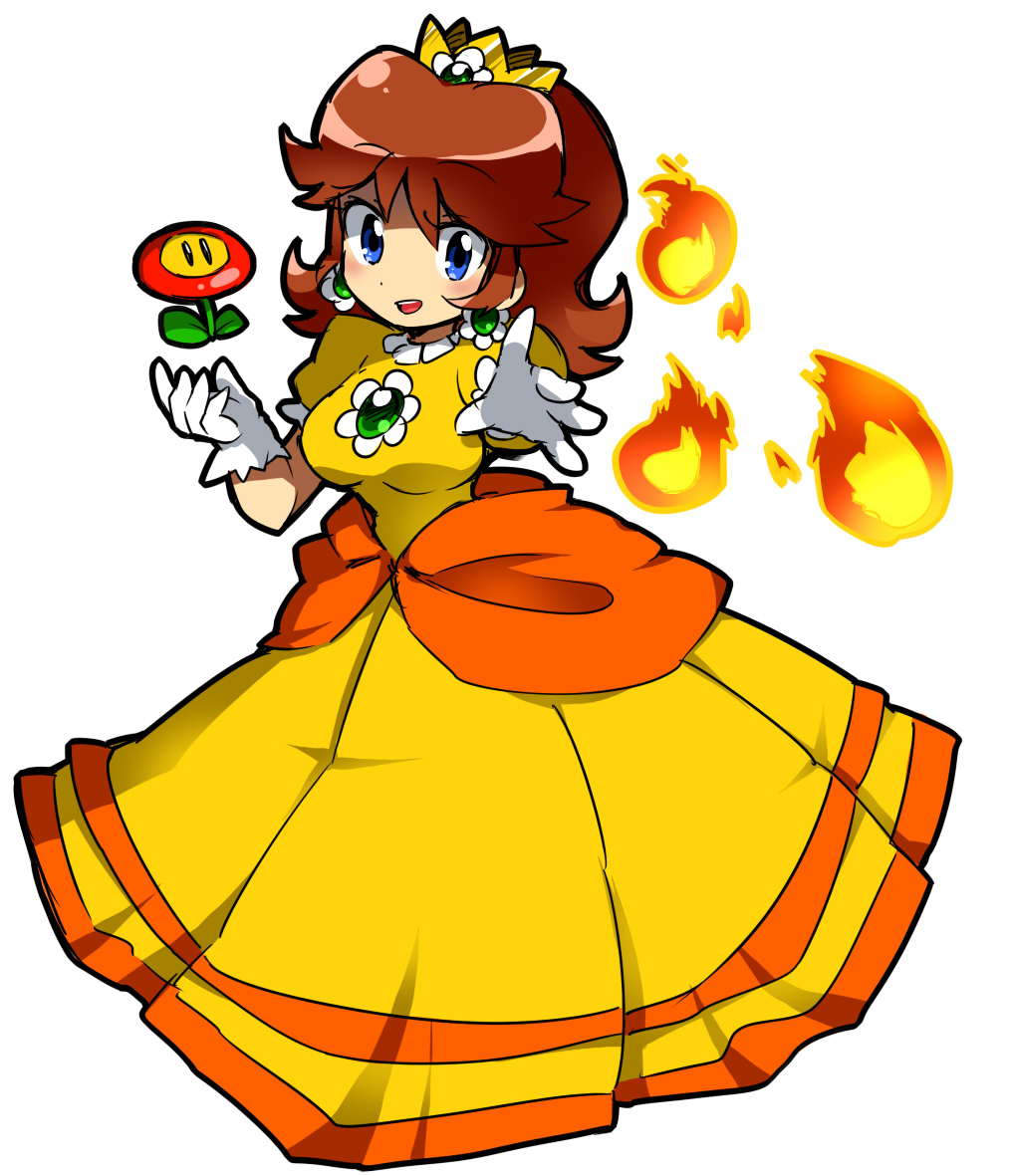 blue_eyes breasts brown_hair dress fire fire_flower fireball flower fukumitsu_(kirarirorustar) gem gloves kirariroru_star long_dress long_hair looking_at_viewer nintendo power-up princess princess_daisy simple_background smile solo super_mario_bros. white_background