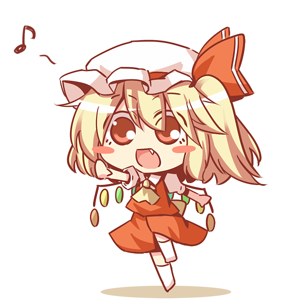 :d ascot blonde_hair blush_stickers chibi fang flandre_scarlet hat hat_ribbon kousa_(black_tea) musical_note open_mouth outstretched_arms red_eyes ribbon shirt side_ponytail simple_background skirt skirt_set smile solo spread_arms standing_on_one_leg touhou wings
