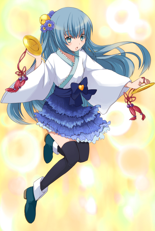 :o aqua_eyes black_legwear blue_hair blush cymbals heart holding instrument kneehighs long_hair naname_(danbooru_maker) original solo thighhighs