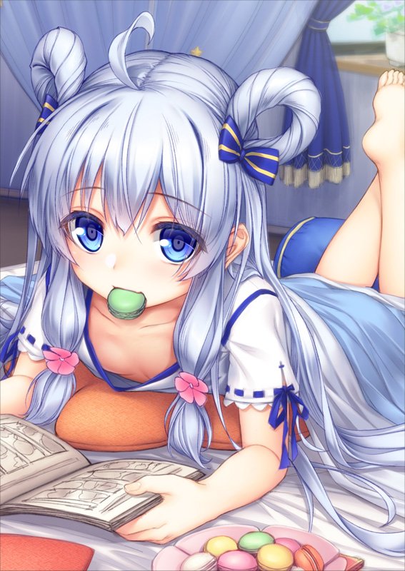 1girl ahoge barefoot bed blouse blue_bow blue_eyes blue_skirt book bow collarbone curtains downblouse flat_chest flower flower_knight_girl food hair_bow hair_flower hair_ornament hair_rings indoors long_hair macaron mouth_hold pillow sidelocks skirt solo sutera_(flower_knight_girl) white_blouse white_hair yuru