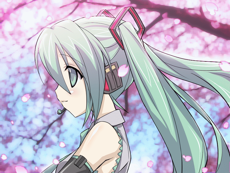 animated animated_gif bare_shoulders blinking cherry_blossoms eeeeee green_eyes green_hair hatsune_miku headset open_mouth petals profile singing solo twintails vocaloid