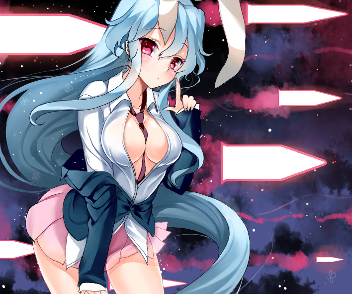 alternate_hair_color animal_ears between_breasts blazer blue_hair breasts bunny_ears clothes_between_breasts dress_shirt finger_gun large_breasts long_hair necktie no_bra off_shoulder open_clothes open_shirt pleated_skirt rabbit_ears red_eyes reisen_udongein_inaba sayuri_(artist) shirt skirt solo touhou very_long_hair