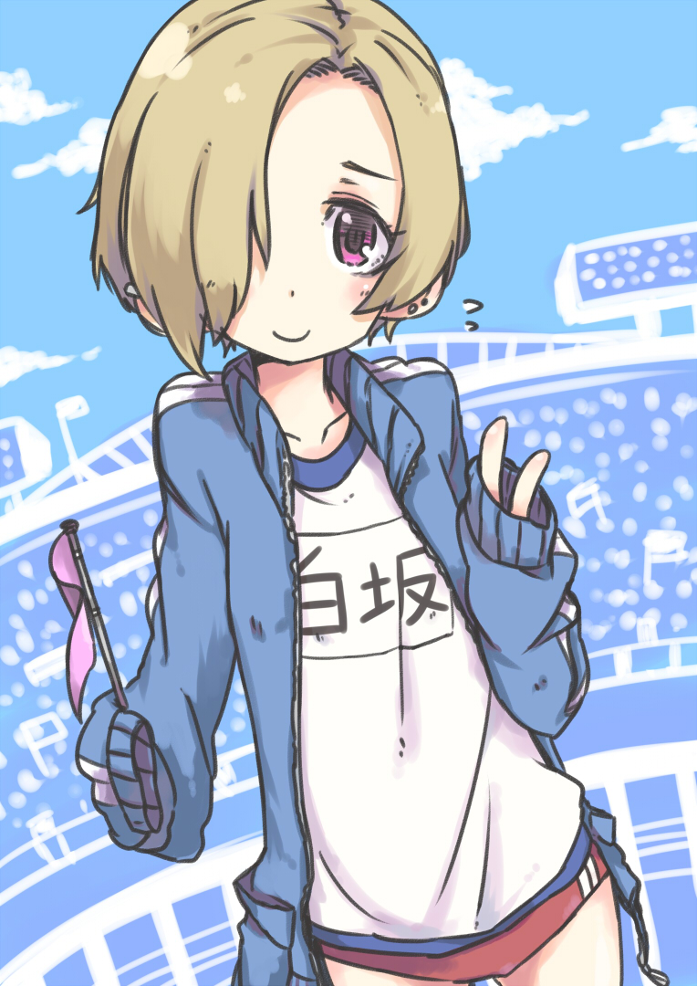 blonde_hair blush brown_hair buruma collarbone earring earrings flag gym_uniform hair_over_one_eye idolmaster idolmaster_cinderella_girls jacket jewelry looking_at_viewer open_clothes open_jacket purple_eyes school_uniform shirasaka_koume short_hair sleeves_past_wrists smile solo track_jacket track_suit ueshita v violet_eyes