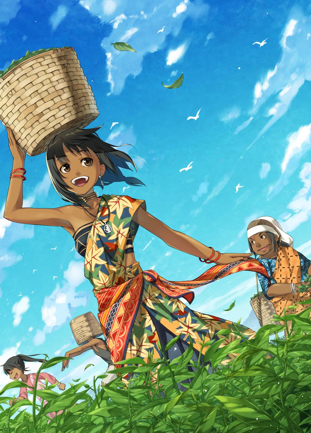 3girls :d armpits bare_shoulders basket bird black_hair bracelet brown_eyes carrying cloud clouds dark_skin dutch_angle earrings facial_mark forehead_mark from_below happy highres india jewelry kimura_(ykimu) leaf multiple_girls neck_ring necklace on_head open_mouth original outstretched_arms ponytail running sarong short_hair sideways_mouth sky smile tank_top tea teeth zombie_pose