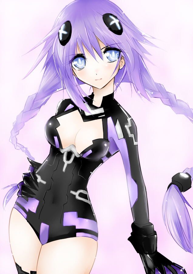 blue_eyes braid breasts choujigen_game_neptune cleavage cleavage_cutout ears hair_ornament hand_on_hip hips kawase long_hair navel neptune_(choujigen_game_neptune) purple_hair purple_heart smile solo symbol-shaped_pupils thigh-highs thighhighs twin_braids very_long_hair