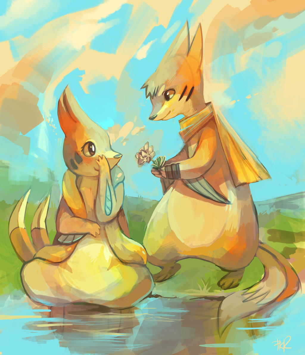 1girl blue_sky buizel couple eye_contact eyelashes floatzel flower grass hand_on_own_face holding holding_flower looking_at_another nature no_humans outdoors pokemon pokemon_(creature) purplekecleon scarf sitting sky soaking_feet standing water
