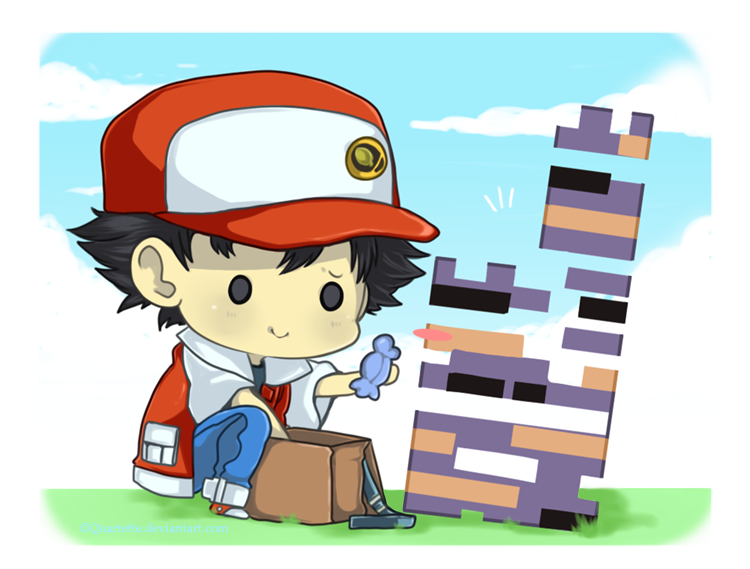 1boy backpack bag baseball_cap black_hair blush chibi hat missingno missingno. pokemon pokemon_(game) pokemon_rgby quartette rare_candy red_(pokemon) red_(pokemon)_(classic) surprised