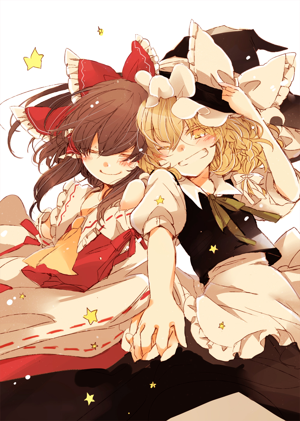 apron ascot blonde_hair blush bow braid brown_hair closed_eyes detached_sleeves empty_eyes eyes_closed friends grin hair_bow hair_tubes hakurei_reimu hand_holding hand_on_hat hat hat_bow highres holding_hands kirisame_marisa long_hair miko multiple_girls poprication ribbon side-by-side single_braid smile star touhou waist_apron wink witch witch_hat yellow_eyes yuri