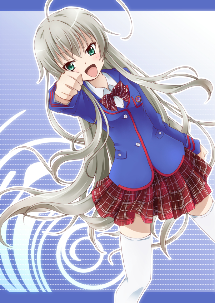 ahoge bow cosplay female green_eyes haiyore!_nyaruko-san kamen_rider kamen_rider_fourze_(series) long_hair nora-toro nyarlathotep_(nyaruko-san) school_uniform silver_hair solo thigh-highs thighhighs white_legwear zettai_ryouiki