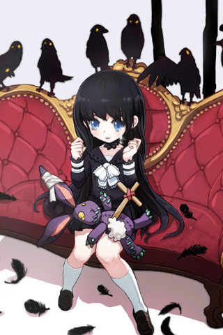 ascot bandage bandages bird black_hair blue_eyes bunny couch cross crow crying crying_with_eyes_open detached_collar drakedog feathers frills glowing glowing_eyes long_hair lowres rabbit sitting stuffed_animal stuffed_toy sword_girls tears thigh-highs thighhighs very_long_hair white_legwear yellow_eyes