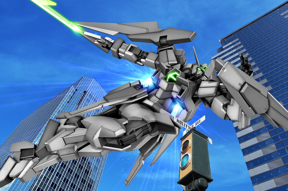 city energy_sword flying gundam gundam_age gundam_age-2 gundam_age-2_(special_forces_colors) hiropon_(tasogare_no_puu) mecha no_humans robographer shield sky solo sword tasogarenopuu traffic_light weapon