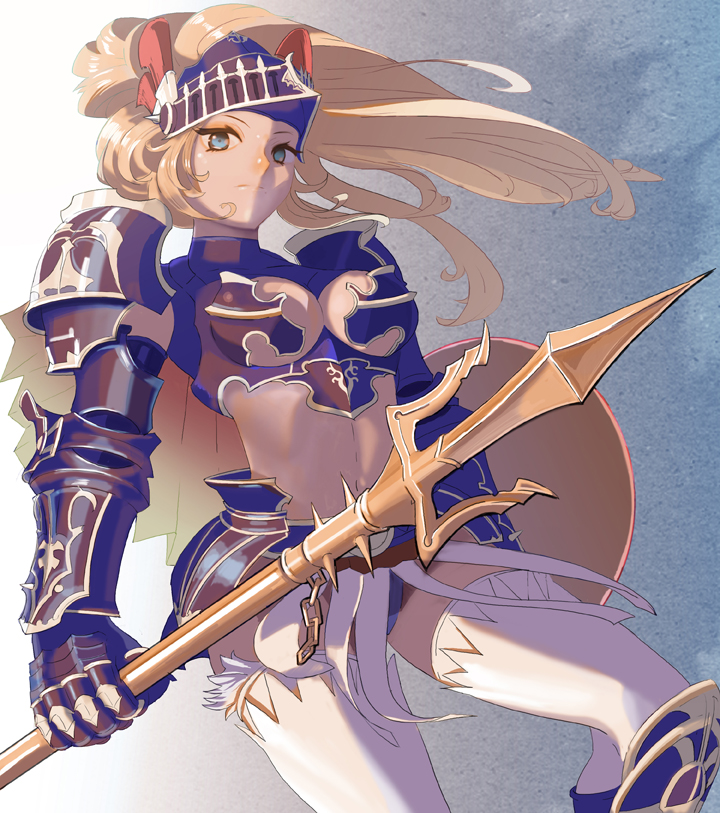 aqua_eyes armor backlighting blonde_hair breasts buckler expressionless faulds from_below gauntlets greaves kegani_(kegani01) lance long_hair looking_at_viewer midriff navel original pauldrons polearm solo spear standing tan thigh-highs thighhighs trident visor_(armor) warrior weapon white_legwear wind