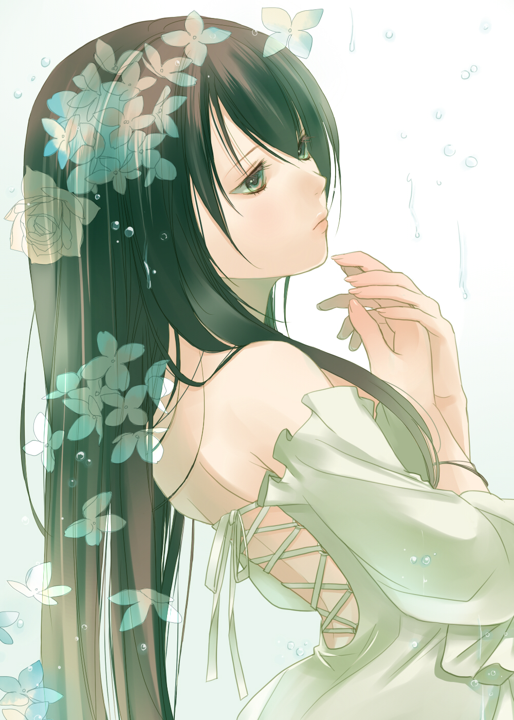 1girl androgynous bare_shoulders black_eyes black_hair bust dress face flower fuuchouin_kazuki getbackers highres long_hair male papillon10 solo trap