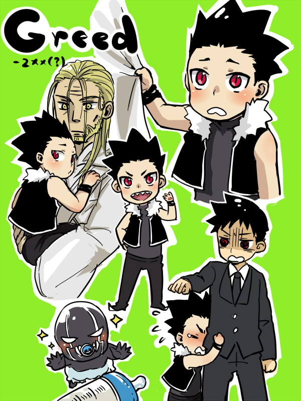 baby_bottle black_hair bottle father_(fma) fullmetal_alchemist greed nyo_(couch_tomato) pride red red_eyes selim_bradley sharp_teeth sleeve_tug spoilers young