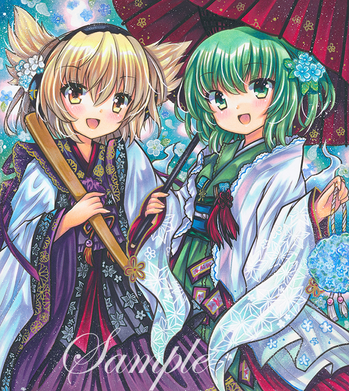 2girls :d alternate_costume blonde_hair blue_background blue_flower blush earmuffs eyebrows_visible_through_hair floral_print flower green_eyes green_hair green_kimono hair_between_eyes hair_flower hair_ornament holding holding_stick holding_umbrella japanese_clothes kimono long_sleeves looking_at_viewer marker_(medium) medium_hair multiple_girls ofuda ofuda_on_clothes oil-paper_umbrella open_mouth pointy_hair purple_kimono purple_ribbon red_umbrella ribbon ritual_baton rui_(sugar3) sample smile soga_no_tojiko stick tassel touhou toyosatomimi_no_miko traditional_media umbrella white_flower wide_sleeves yellow_eyes