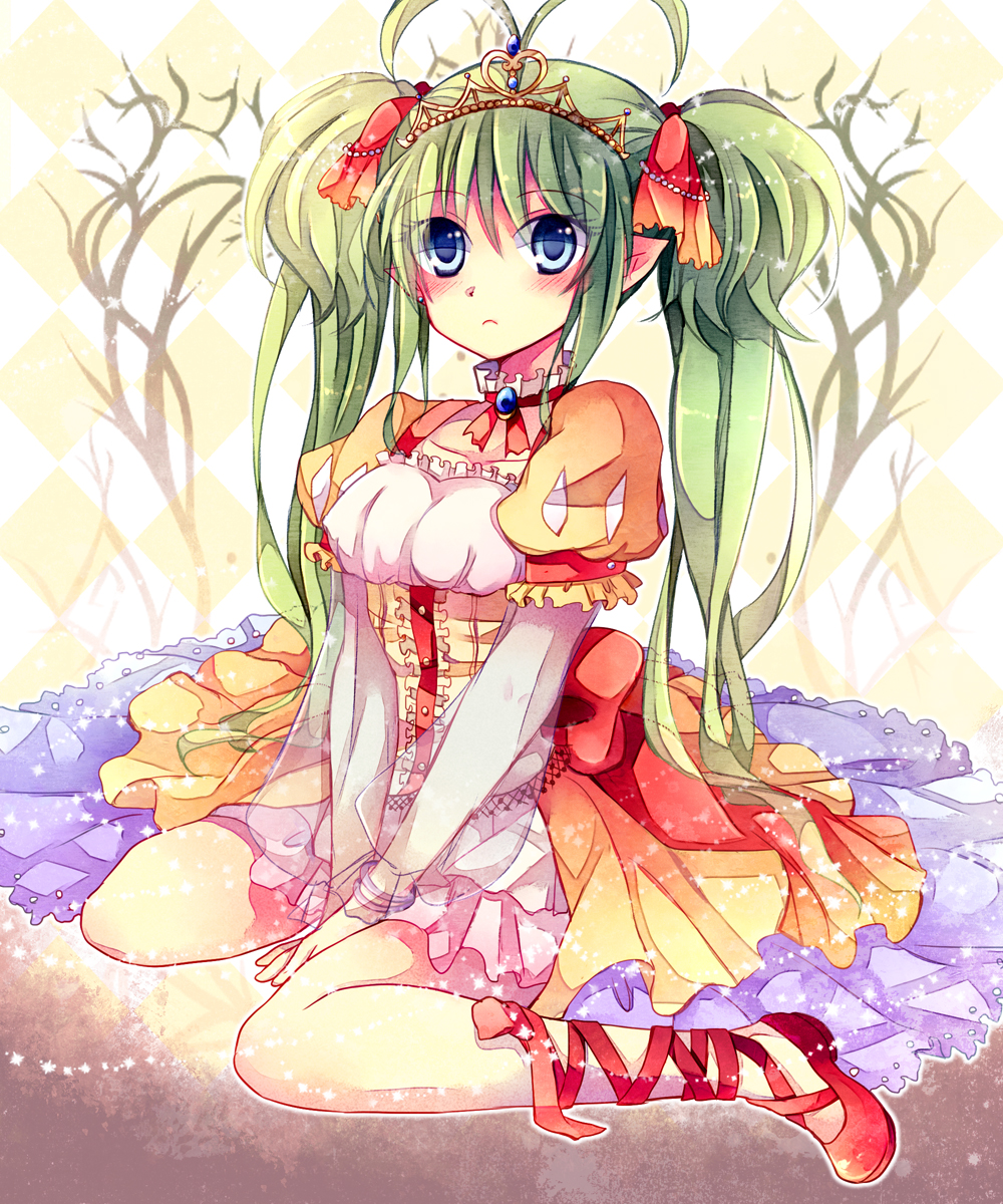 antenna_hair argyle argyle_background between_thighs blue_eyes blush breasts choker collarbone dress frills gathers green_hair hair_ornament heart highres kokonoe_miya light_particles long_hair mary_janes on_ground original overskirt pointy_ears puffy_sleeves ribbon see-through shoes sitting skirt solo tiara twintails wariza