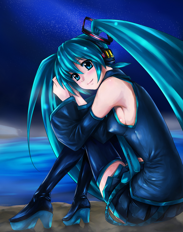 aqua_eyes aqua_hair boots breasts detached_sleeves harusame_nuko hatsune_miku high_heels long_hair looking_at_viewer necktie shoes sideboob sitting skirt solo thigh-highs thigh_boots thighhighs twintails very_long_hair vocaloid