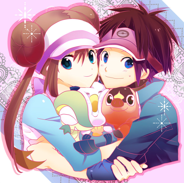 1boy 1girl blue_eyes brown_hair double_bun female_protagonist_(pokemon_bw2) hug kuronomine kyouhei_(pokemon) male_protagonist_(pokemon_bw2) mei_(pokemon) oshawott pokemon pokemon_(creature) pokemon_(game) pokemon_bw2 raglan_sleeves snivy tepig twintails visor_cap