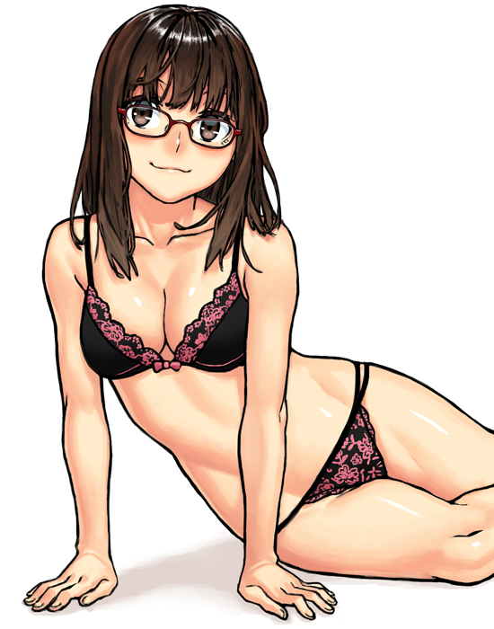 :3 arm_support bare_shoulders black_bra black_panties bow_bra bra breasts brown_eyes brown_hair cleavage collarbone glasses kawazu lace-trimmed_panties lace_panties long_hair original panties red-framed_glasses smile solo underwear