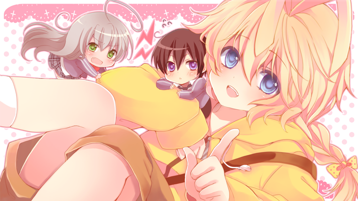 2boys :&lt; ahoge annoyed antenna_hair bag bed blonde_hair blue_eyes blush bow braid brown_hair chibi fang green_eyes hair_bow haiyore!_nyaruko-san hastur_(nyaruko-san) hoodie jacket long_hair multiple_boys nyarlathotep_(nyaruko-san) open_mouth ponytail purple_eyes school_uniform short_hair shorts silver_hair single_braid skirt sleeves_past_wrists smile star touya_(angelically) trap very_long_hair violet_eyes yasaka_mahiro