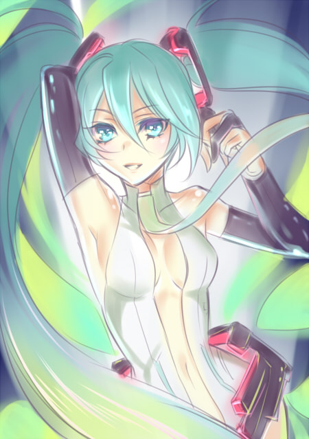 aqua_eyes aqua_hair breasts bridal_gauntlets center_opening elbow_gloves gloves hatsune_miku hatsune_miku_(append) kanou long_hair miku_append necktie solo twintails very_long_hair vocaloid vocaloid_append